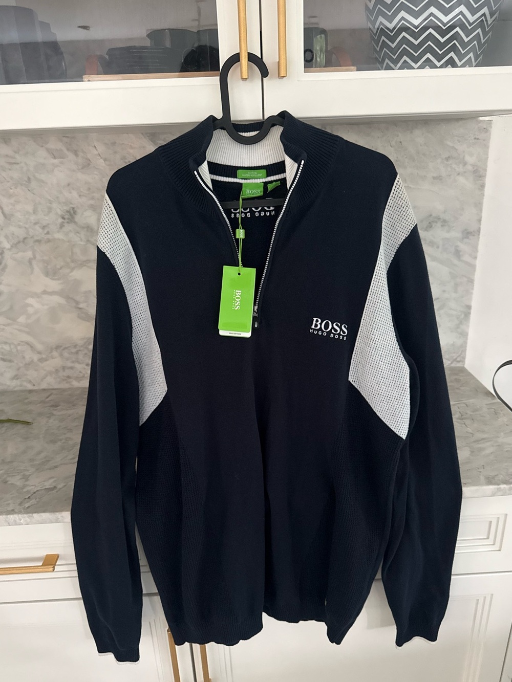 NWT Hugo Boss navy blue quarter zip Sweater with White Contrast Panels large